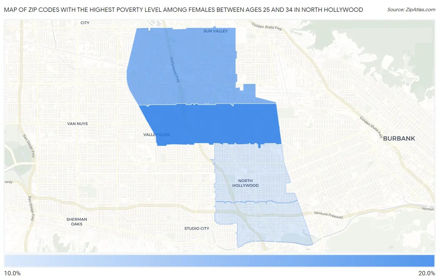 Zip Codes with the Highest Poverty Level Among Females Between Ages 25 and 34 in North Hollywood Map
