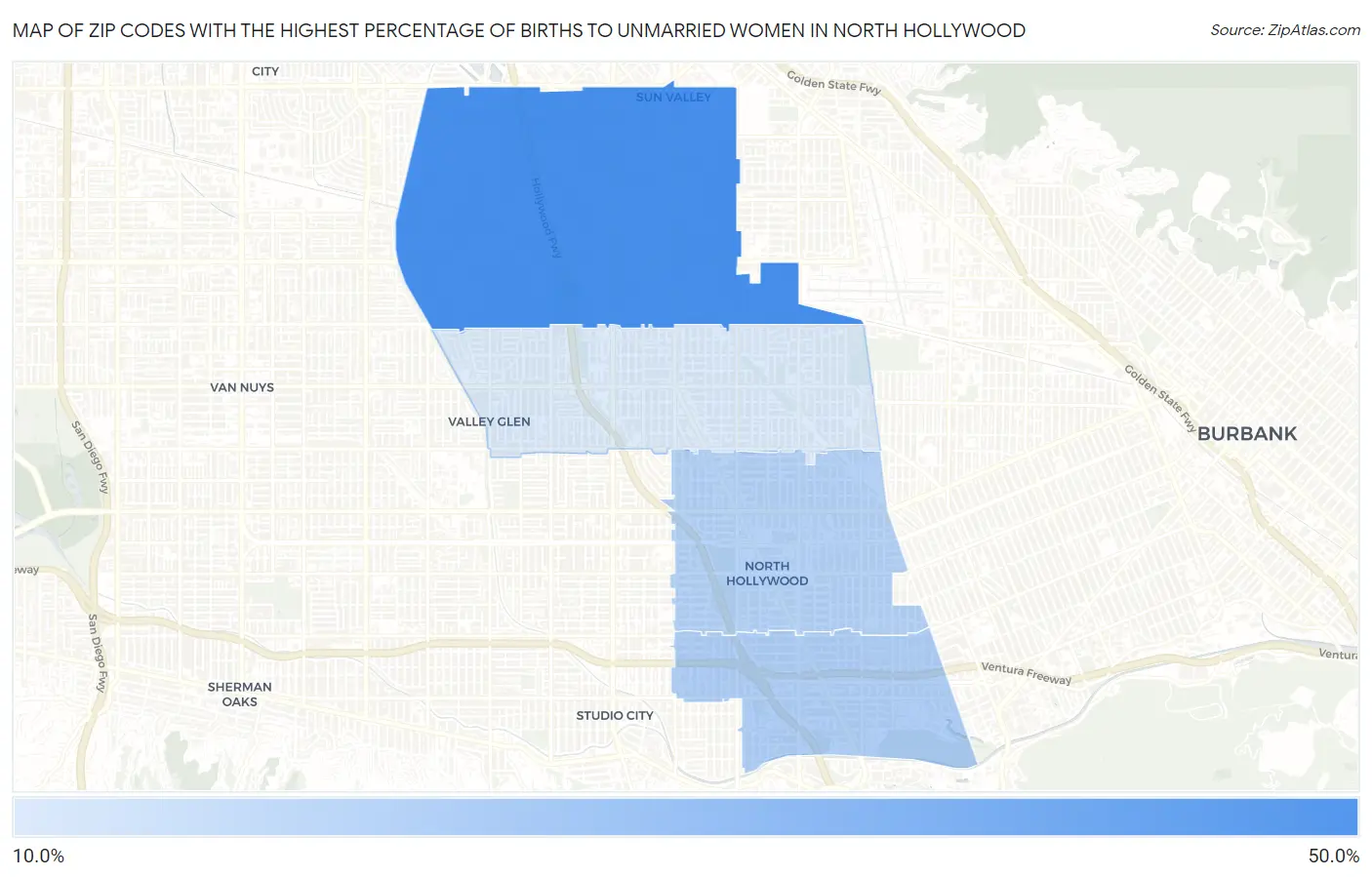 Zip Codes with the Highest Percentage of Births to Unmarried Women in North Hollywood Map