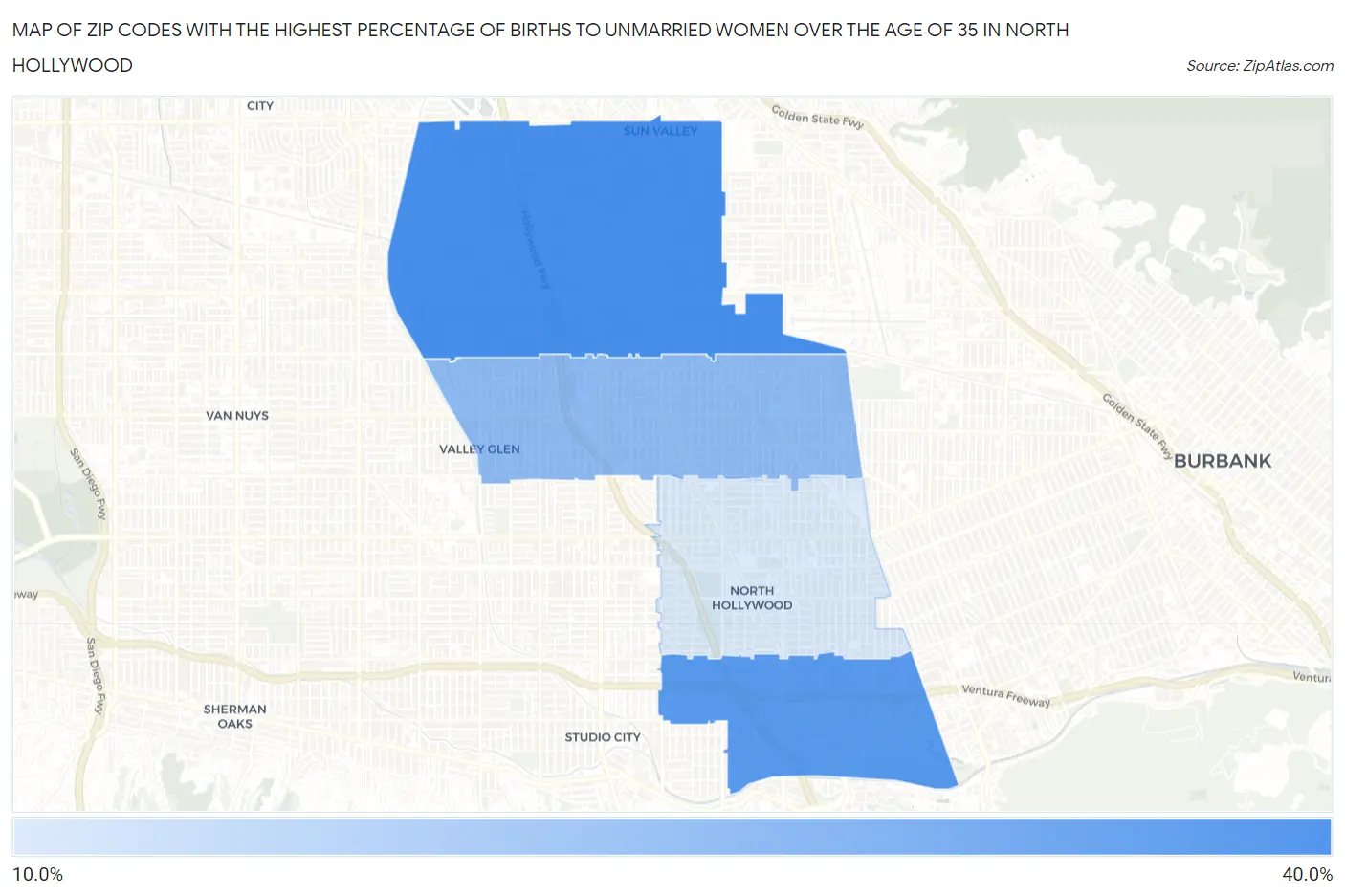 Zip Codes with the Highest Percentage of Births to Unmarried Women over the Age of 35 in North Hollywood Map