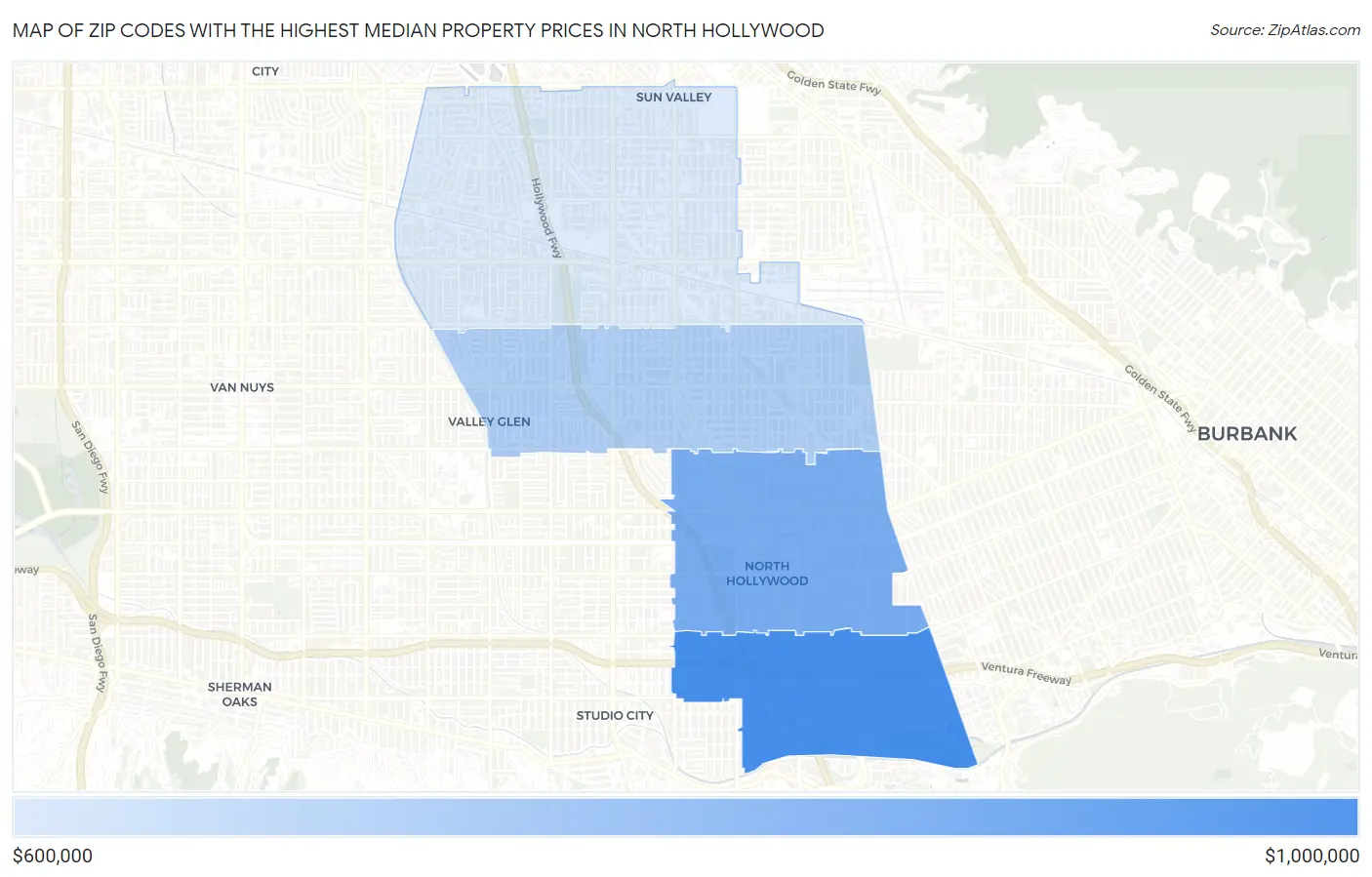 Zip Codes with the Highest Median Property Prices in North Hollywood Map