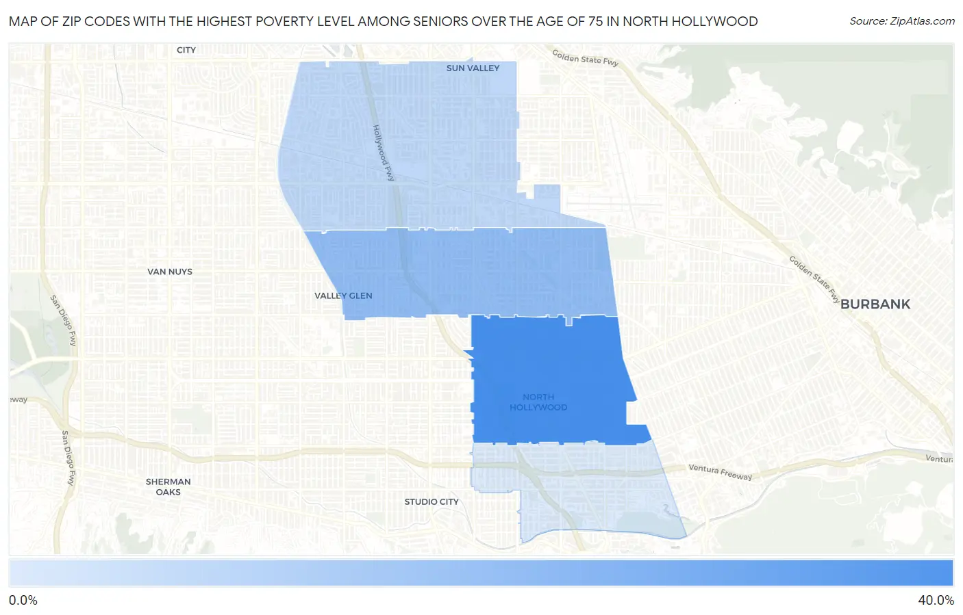 Zip Codes with the Highest Poverty Level Among Seniors Over the Age of 75 in North Hollywood Map