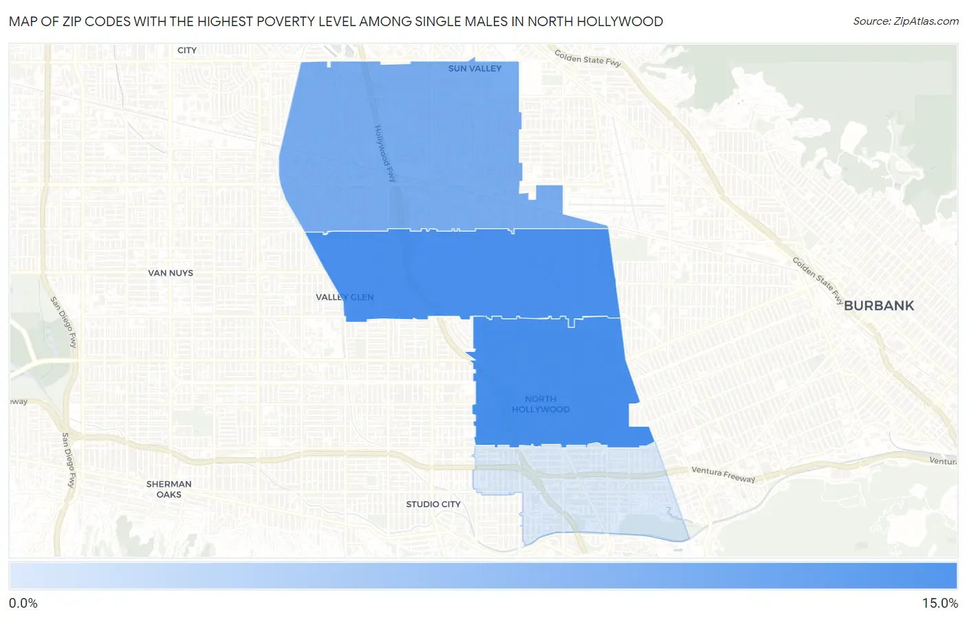 Zip Codes with the Highest Poverty Level Among Single Males in North Hollywood Map