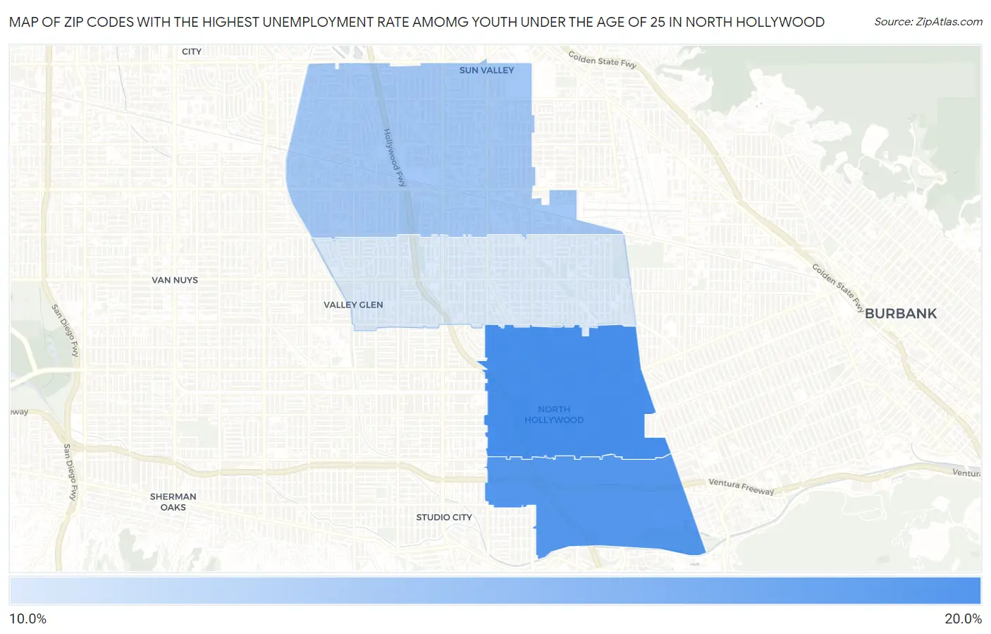 Zip Codes with the Highest Unemployment Rate Amomg Youth Under the Age of 25 in North Hollywood Map