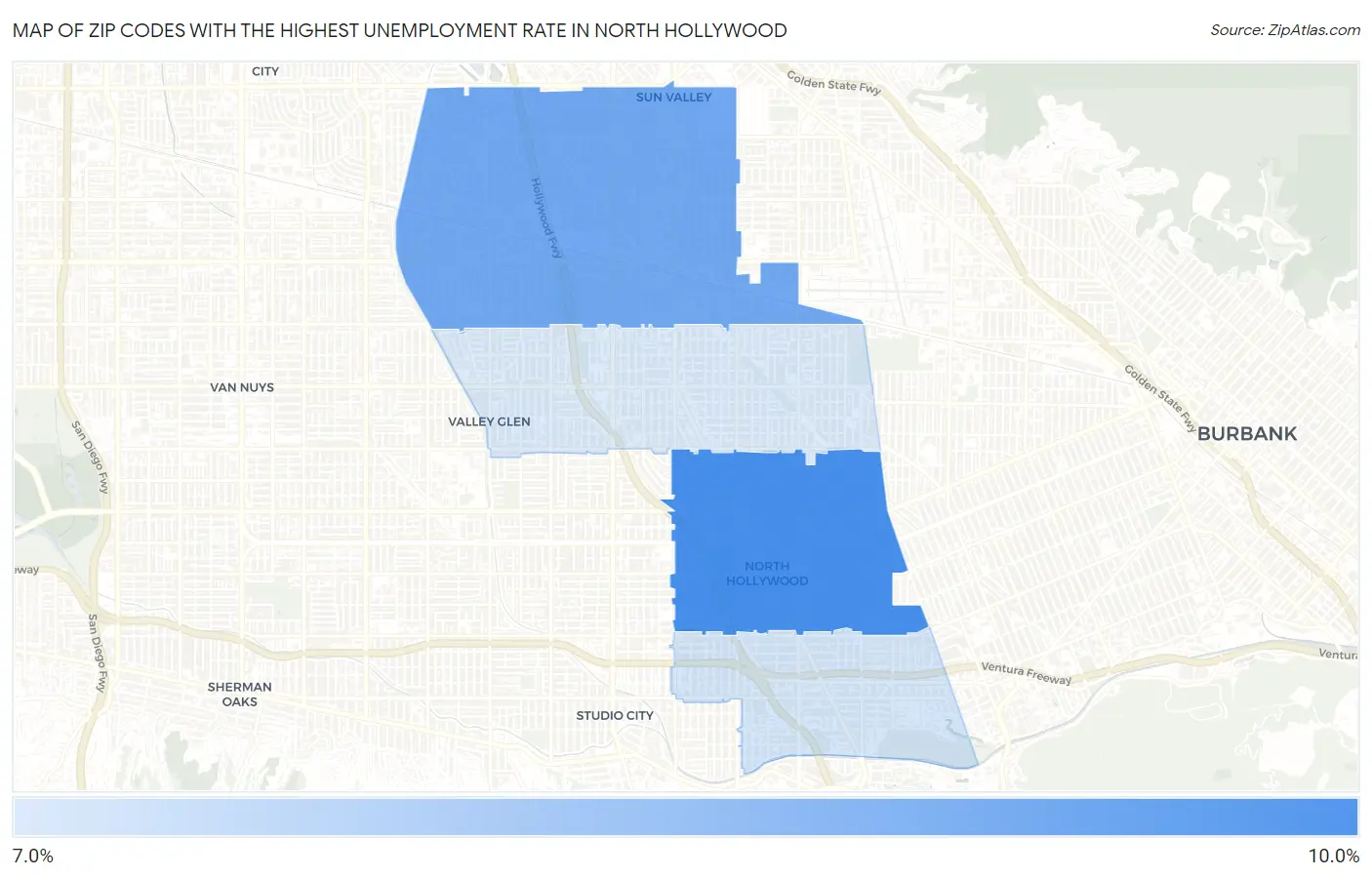 Zip Codes with the Highest Unemployment Rate in North Hollywood Map