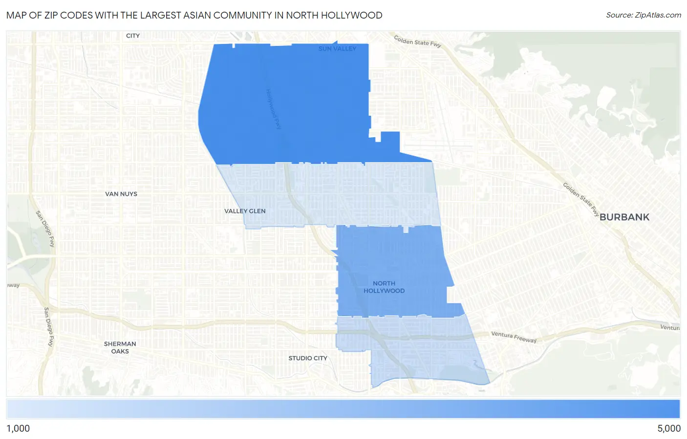 Zip Codes with the Largest Asian Community in North Hollywood Map