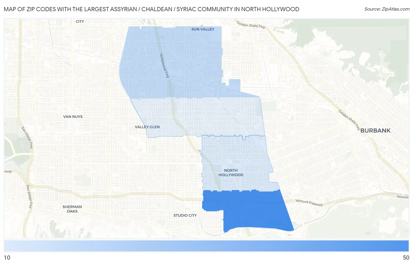 Zip Codes with the Largest Assyrian / Chaldean / Syriac Community in North Hollywood Map