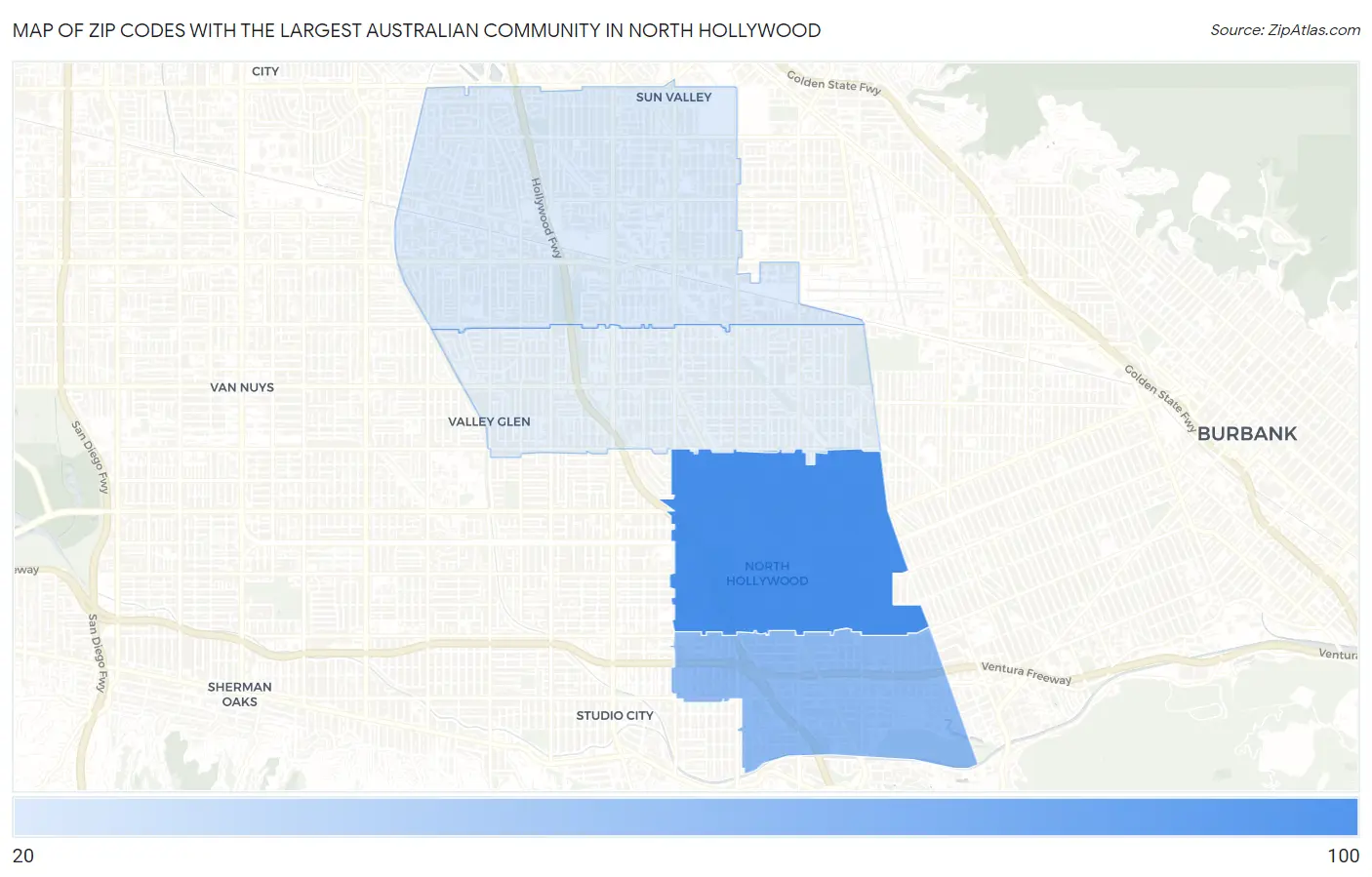 Zip Codes with the Largest Australian Community in North Hollywood Map