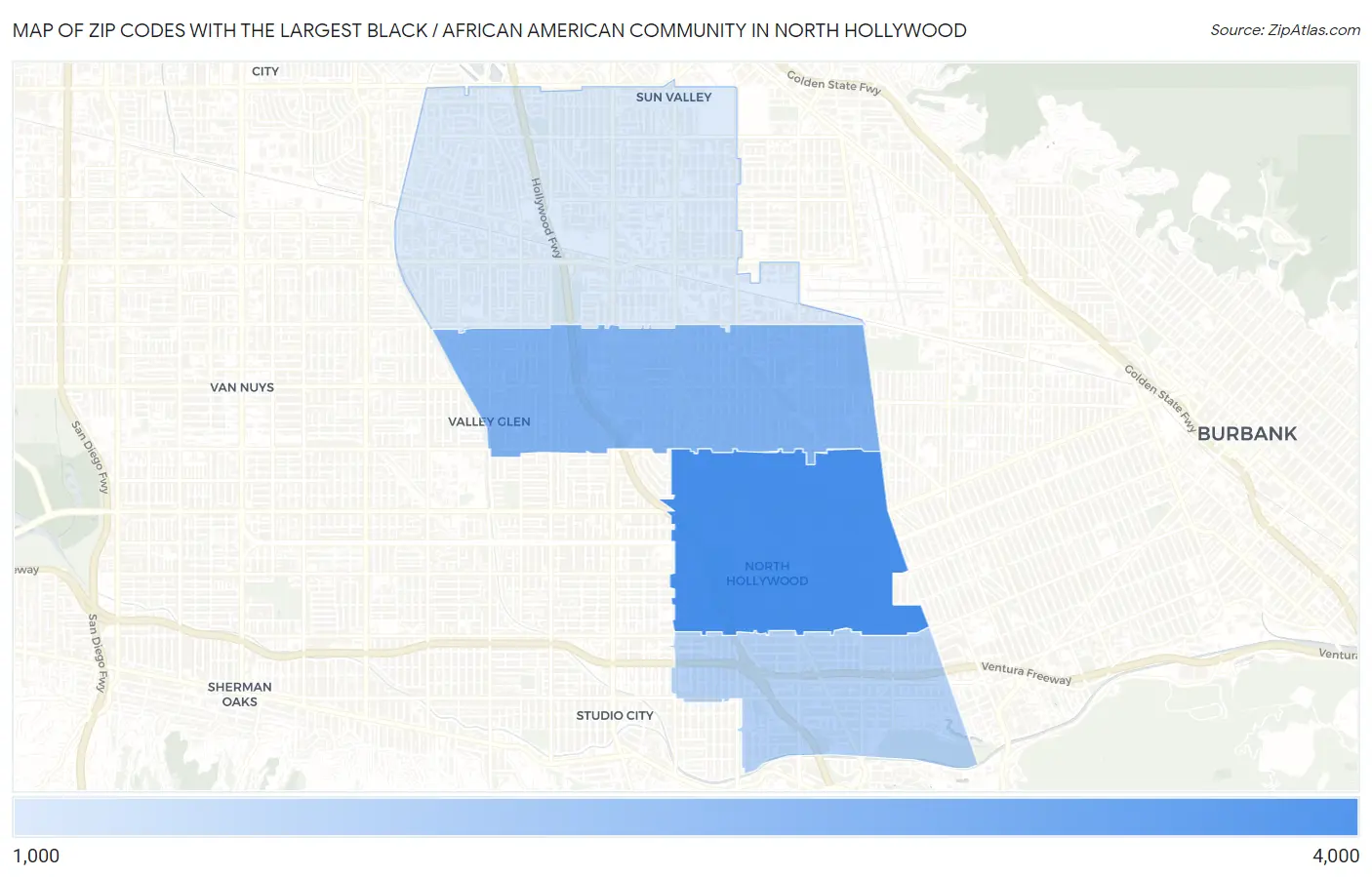 Zip Codes with the Largest Black / African American Community in North Hollywood Map