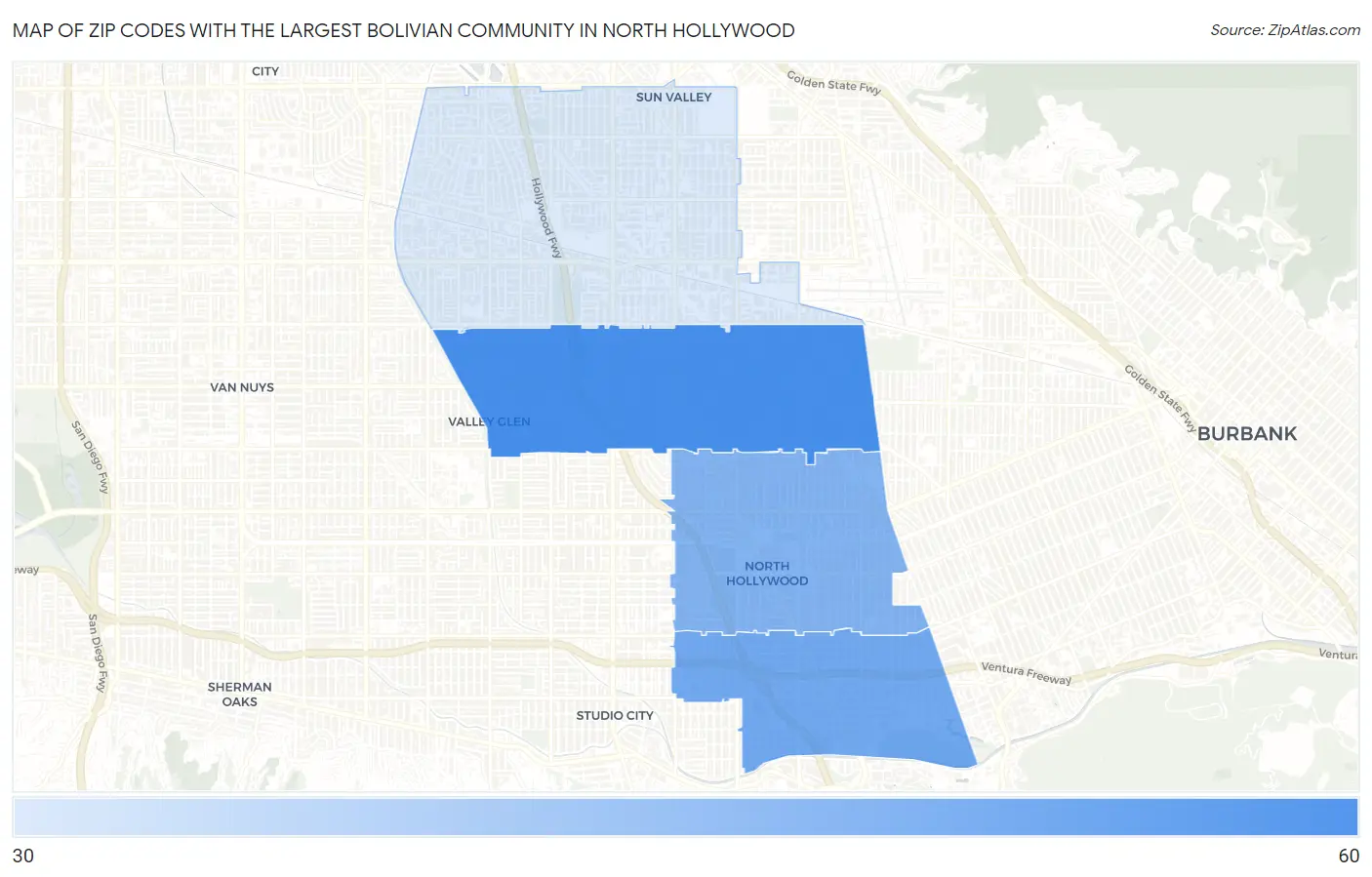Zip Codes with the Largest Bolivian Community in North Hollywood Map
