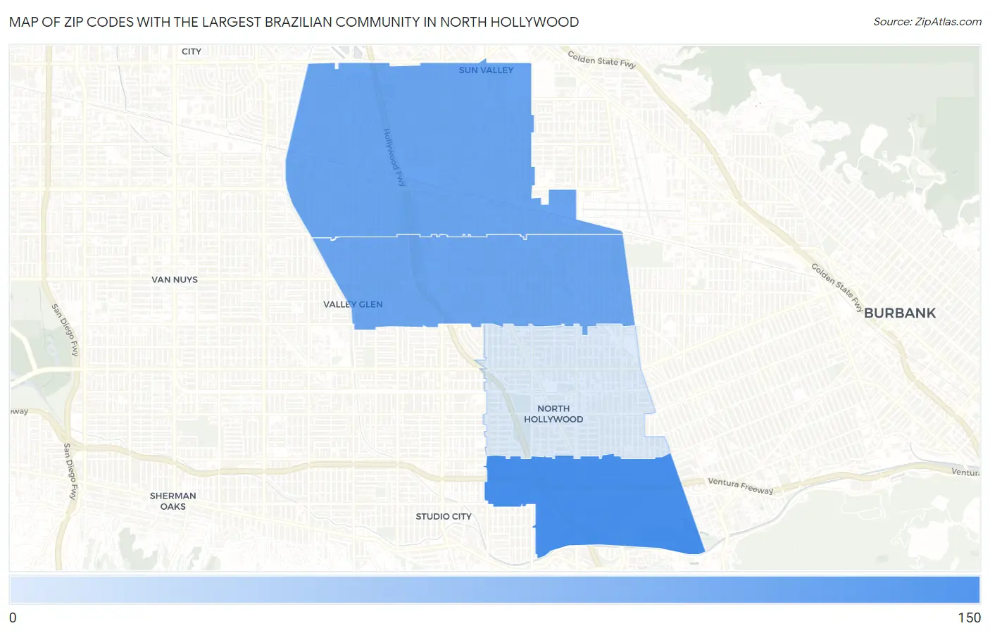 Zip Codes with the Largest Brazilian Community in North Hollywood Map