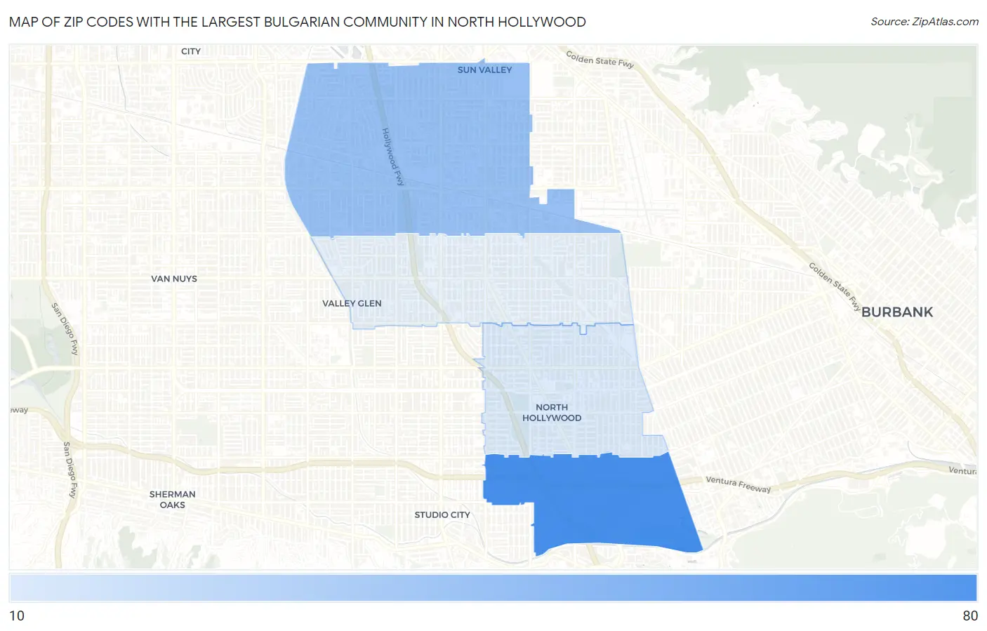 Zip Codes with the Largest Bulgarian Community in North Hollywood Map