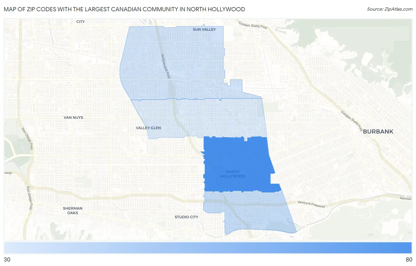 Zip Codes with the Largest Canadian Community in North Hollywood Map