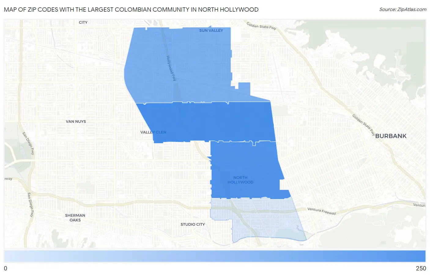 Zip Codes with the Largest Colombian Community in North Hollywood Map