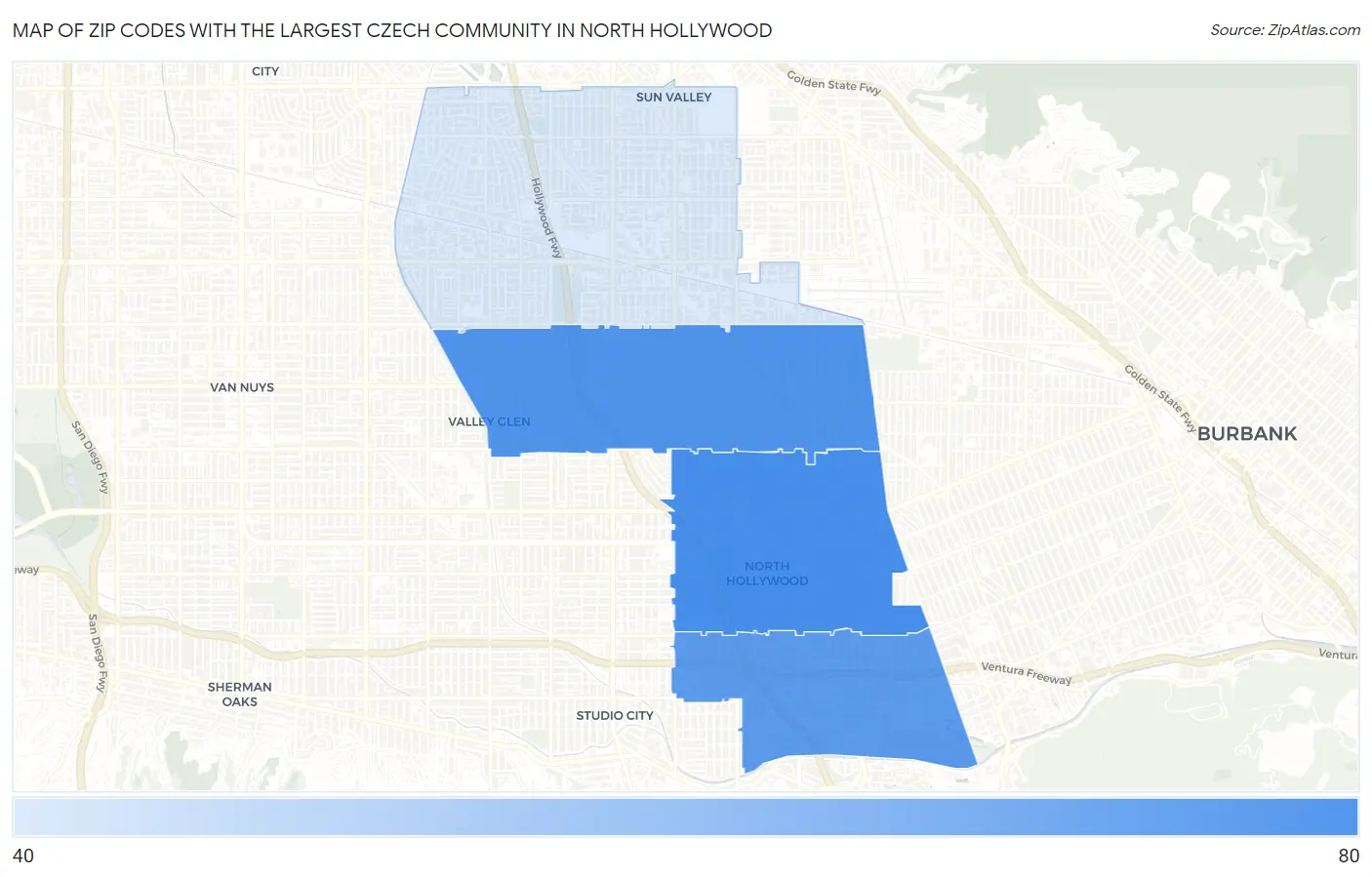 Zip Codes with the Largest Czech Community in North Hollywood Map