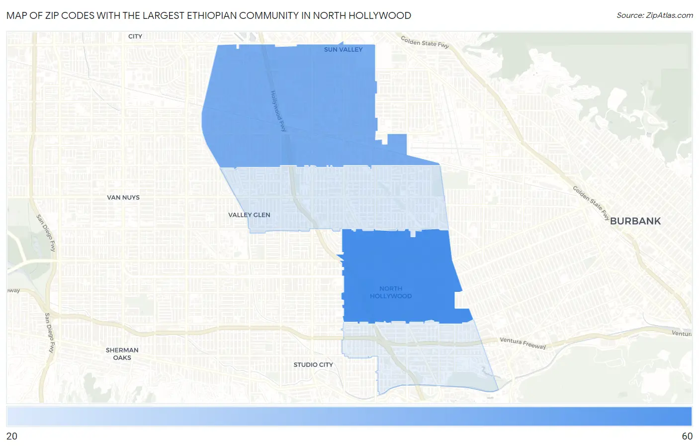 Zip Codes with the Largest Ethiopian Community in North Hollywood Map