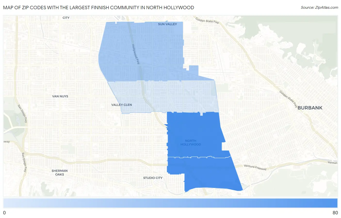 Zip Codes with the Largest Finnish Community in North Hollywood Map