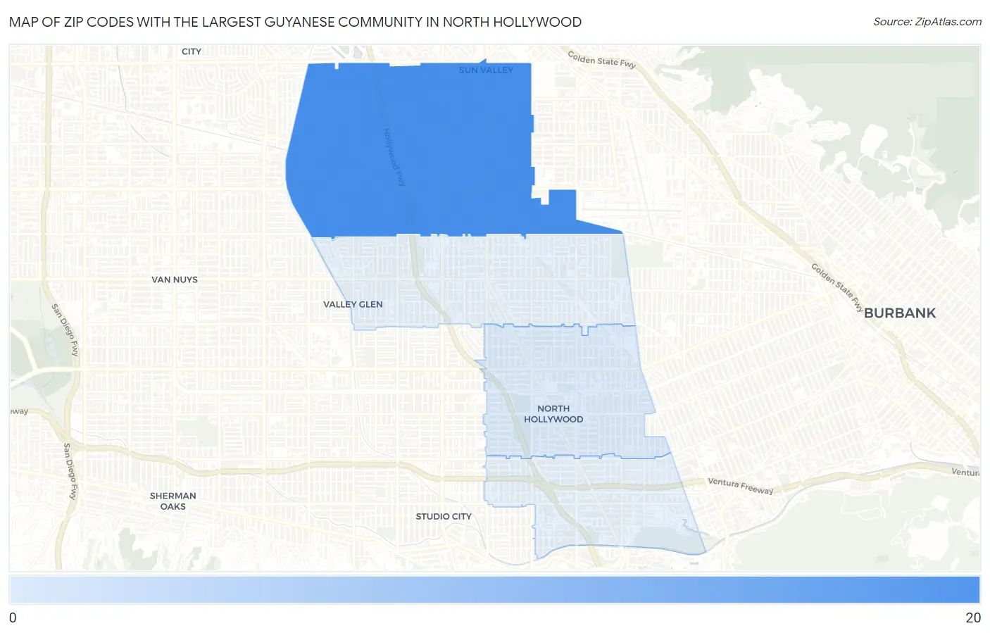 Zip Codes with the Largest Guyanese Community in North Hollywood Map