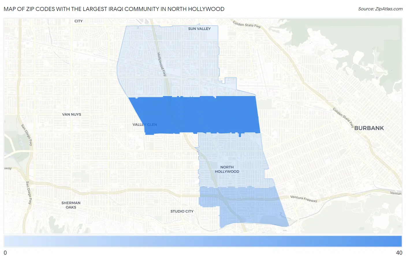 Zip Codes with the Largest Iraqi Community in North Hollywood Map