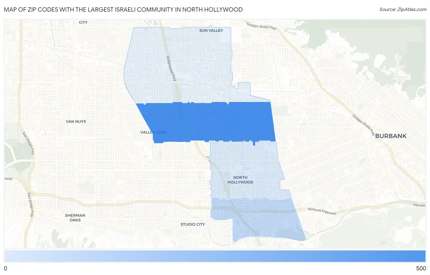 Zip Codes with the Largest Israeli Community in North Hollywood Map