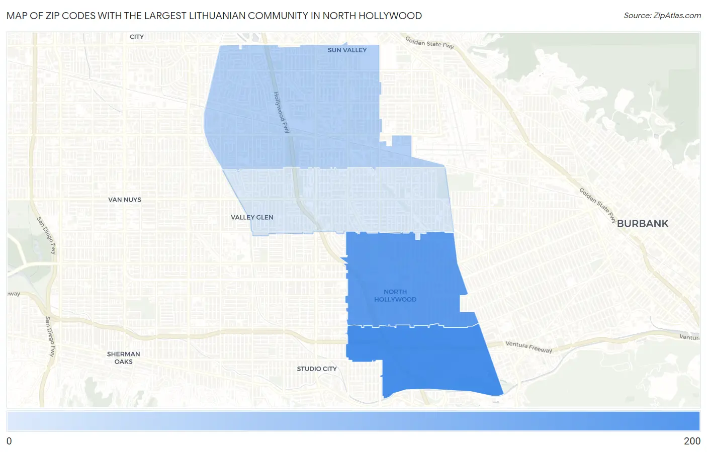 Zip Codes with the Largest Lithuanian Community in North Hollywood Map