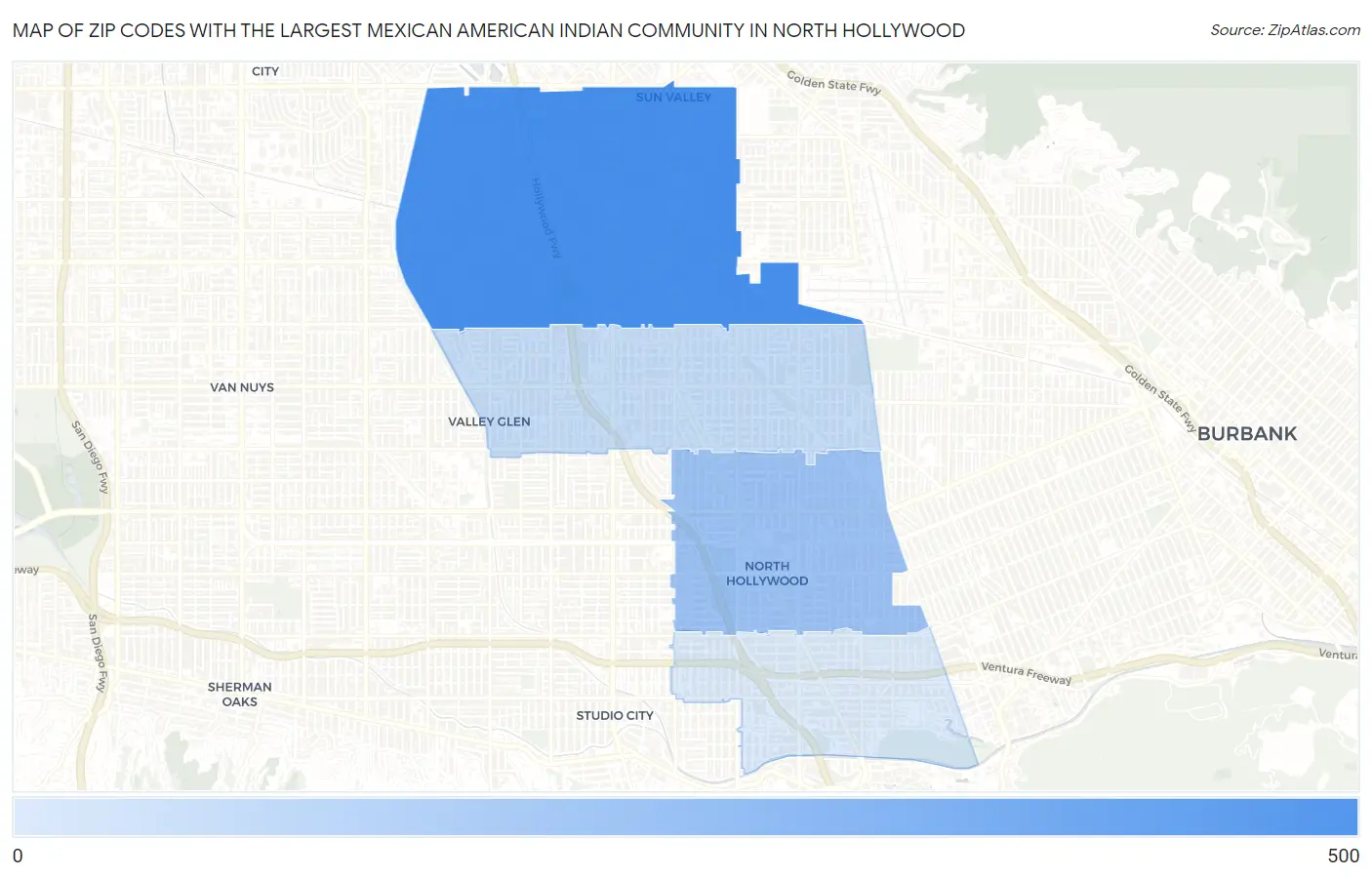 Zip Codes with the Largest Mexican American Indian Community in North Hollywood Map