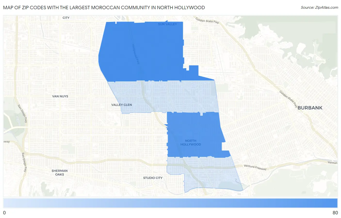 Zip Codes with the Largest Moroccan Community in North Hollywood Map