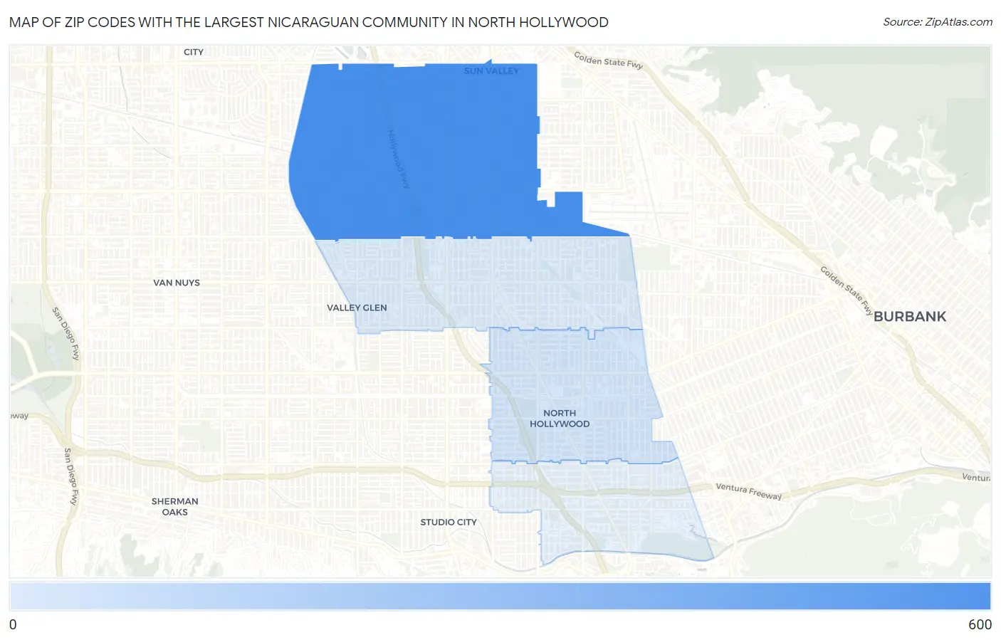 Zip Codes with the Largest Nicaraguan Community in North Hollywood Map