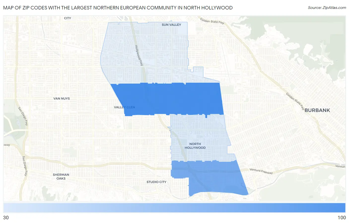 Zip Codes with the Largest Northern European Community in North Hollywood Map