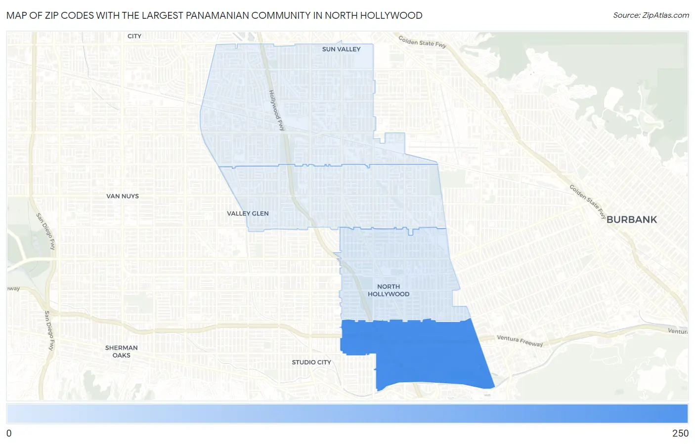 Zip Codes with the Largest Panamanian Community in North Hollywood Map