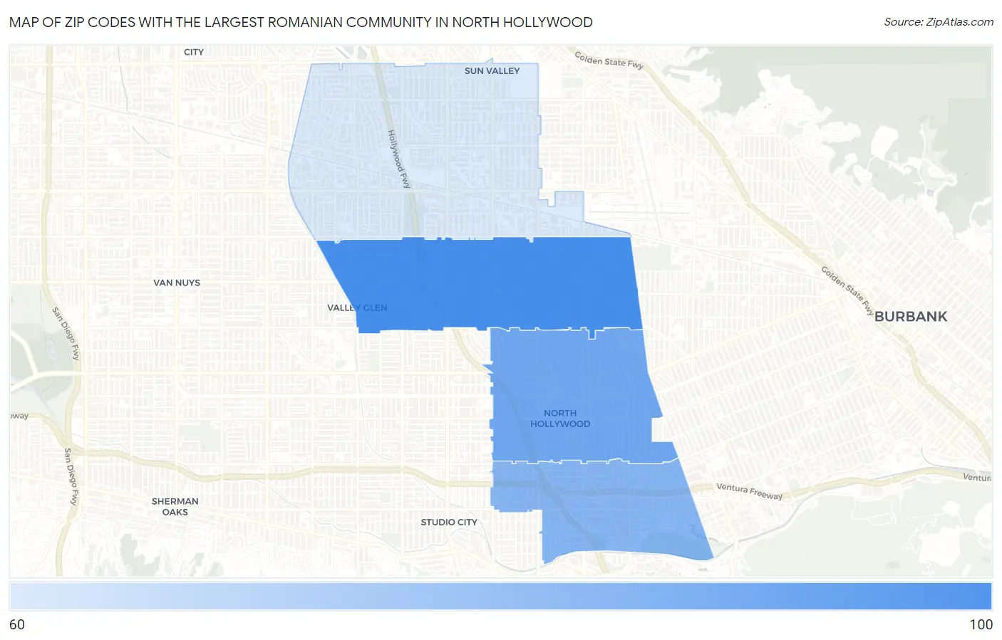 Zip Codes with the Largest Romanian Community in North Hollywood Map
