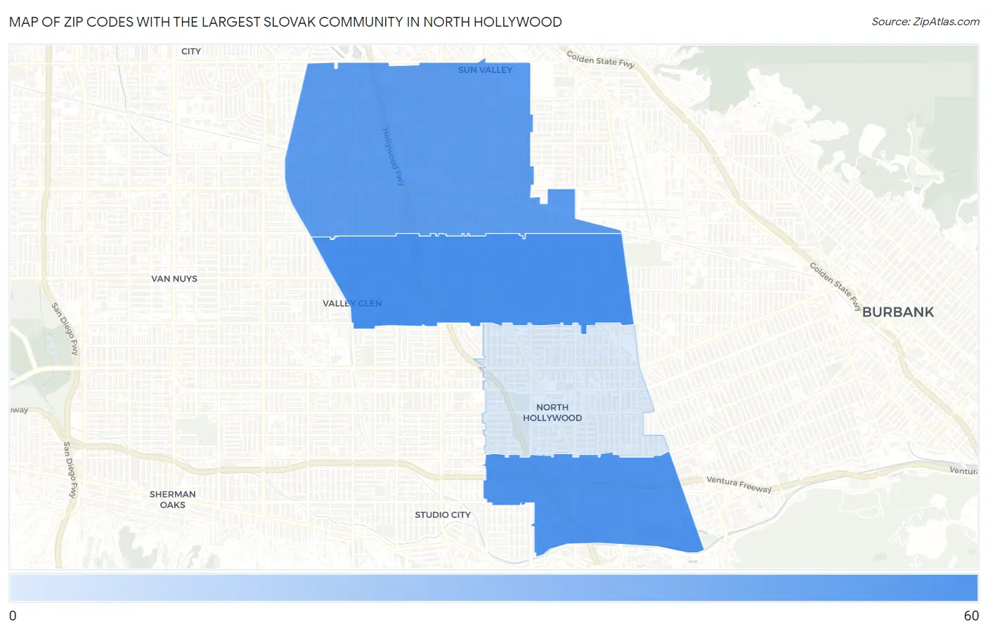 Zip Codes with the Largest Slovak Community in North Hollywood Map
