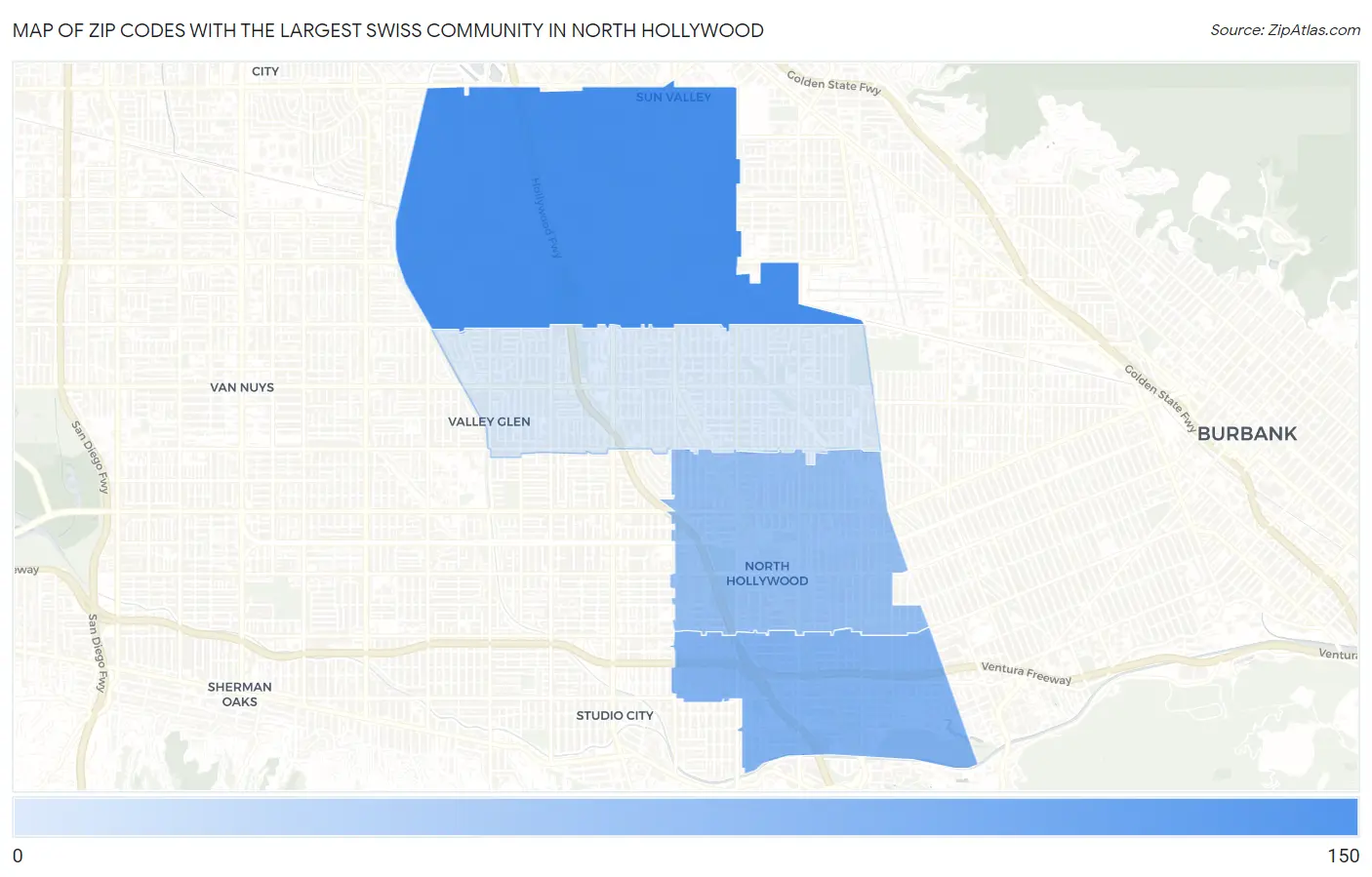 Zip Codes with the Largest Swiss Community in North Hollywood Map