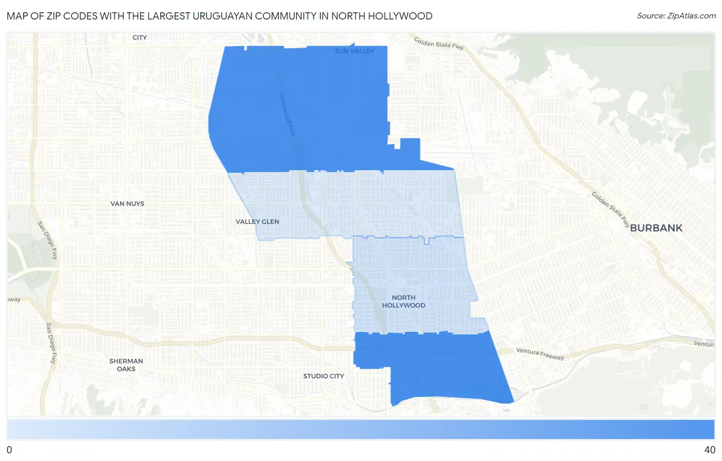 Zip Codes with the Largest Uruguayan Community in North Hollywood Map