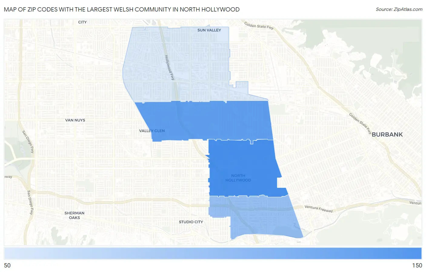 Zip Codes with the Largest Welsh Community in North Hollywood Map