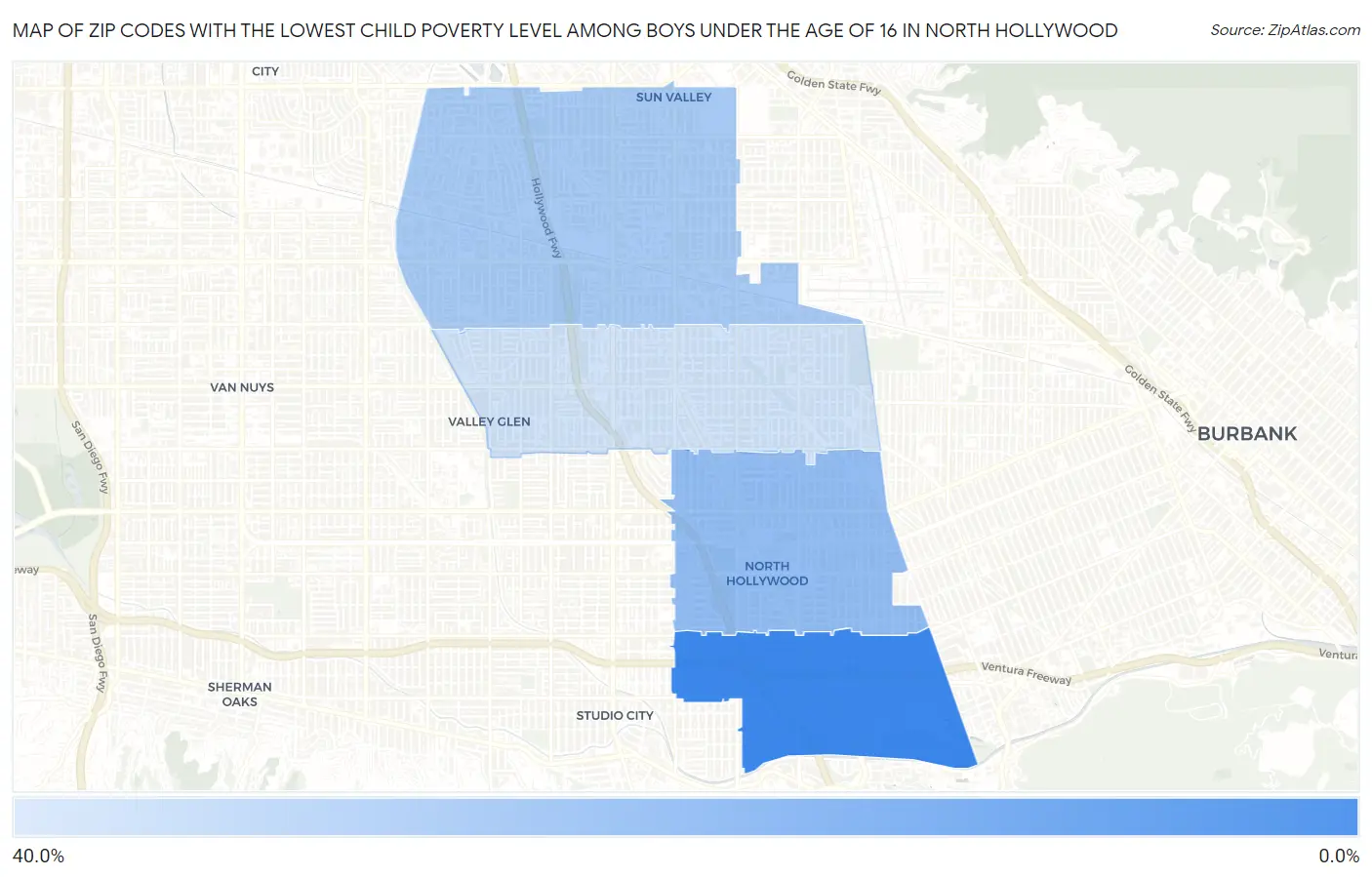 Zip Codes with the Lowest Child Poverty Level Among Boys Under the Age of 16 in North Hollywood Map