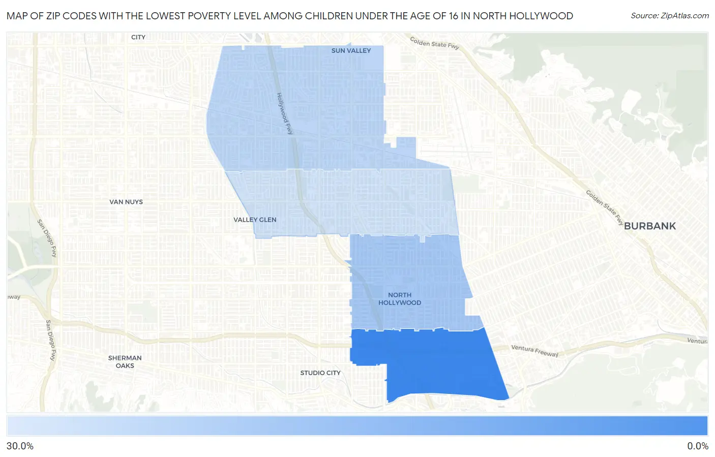 Zip Codes with the Lowest Poverty Level Among Children Under the Age of 16 in North Hollywood Map