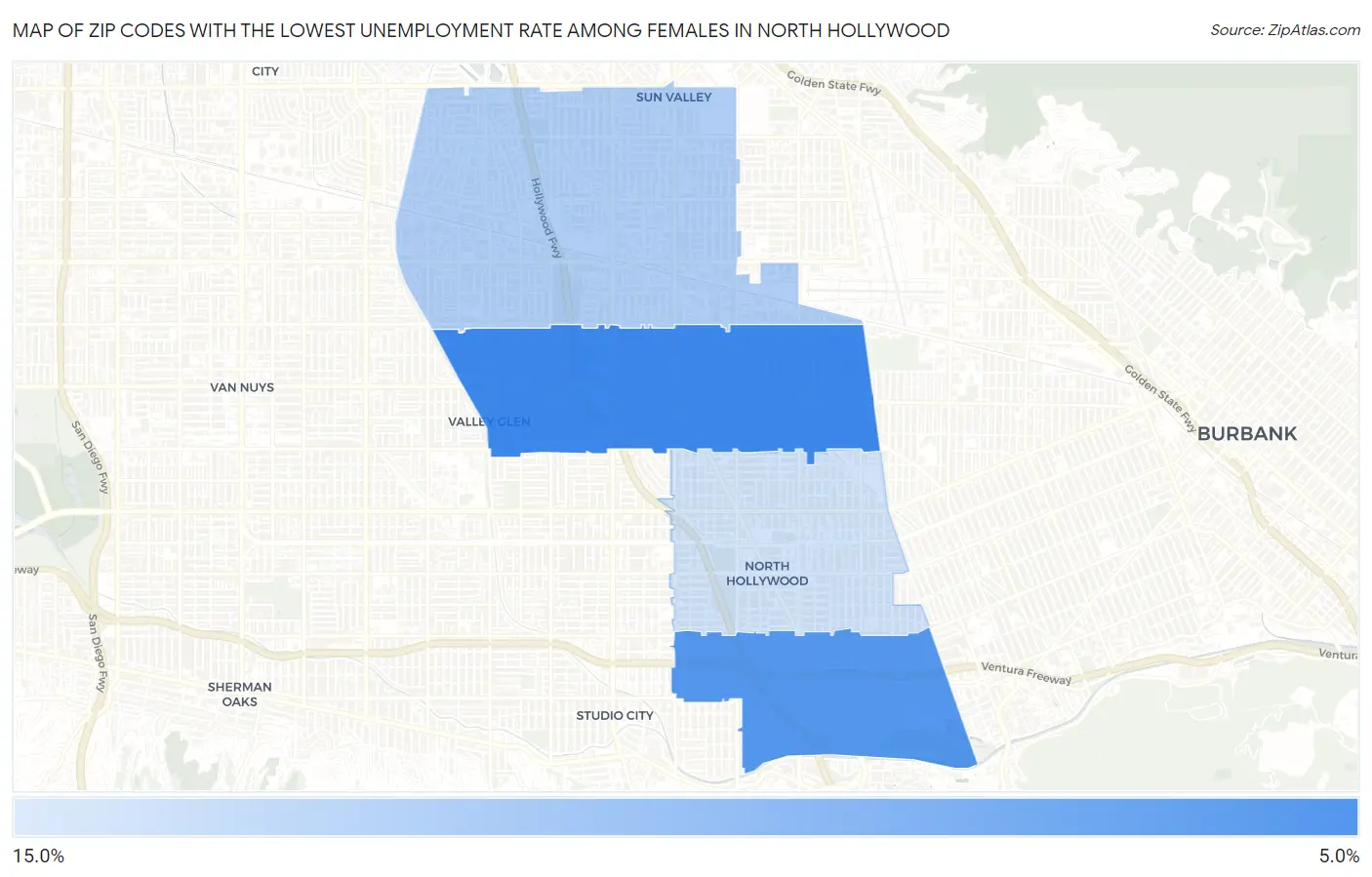 Zip Codes with the Lowest Unemployment Rate Among Females in North Hollywood Map
