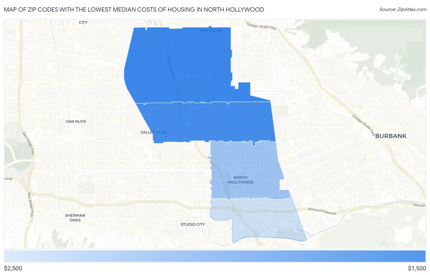 Zip Codes with the Lowest Median Costs of Housing in North Hollywood Map
