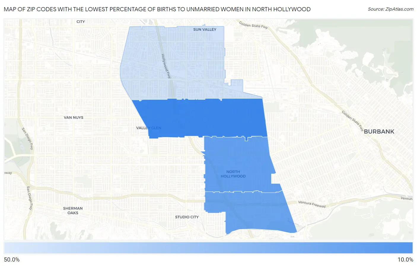 Zip Codes with the Lowest Percentage of Births to Unmarried Women in North Hollywood Map