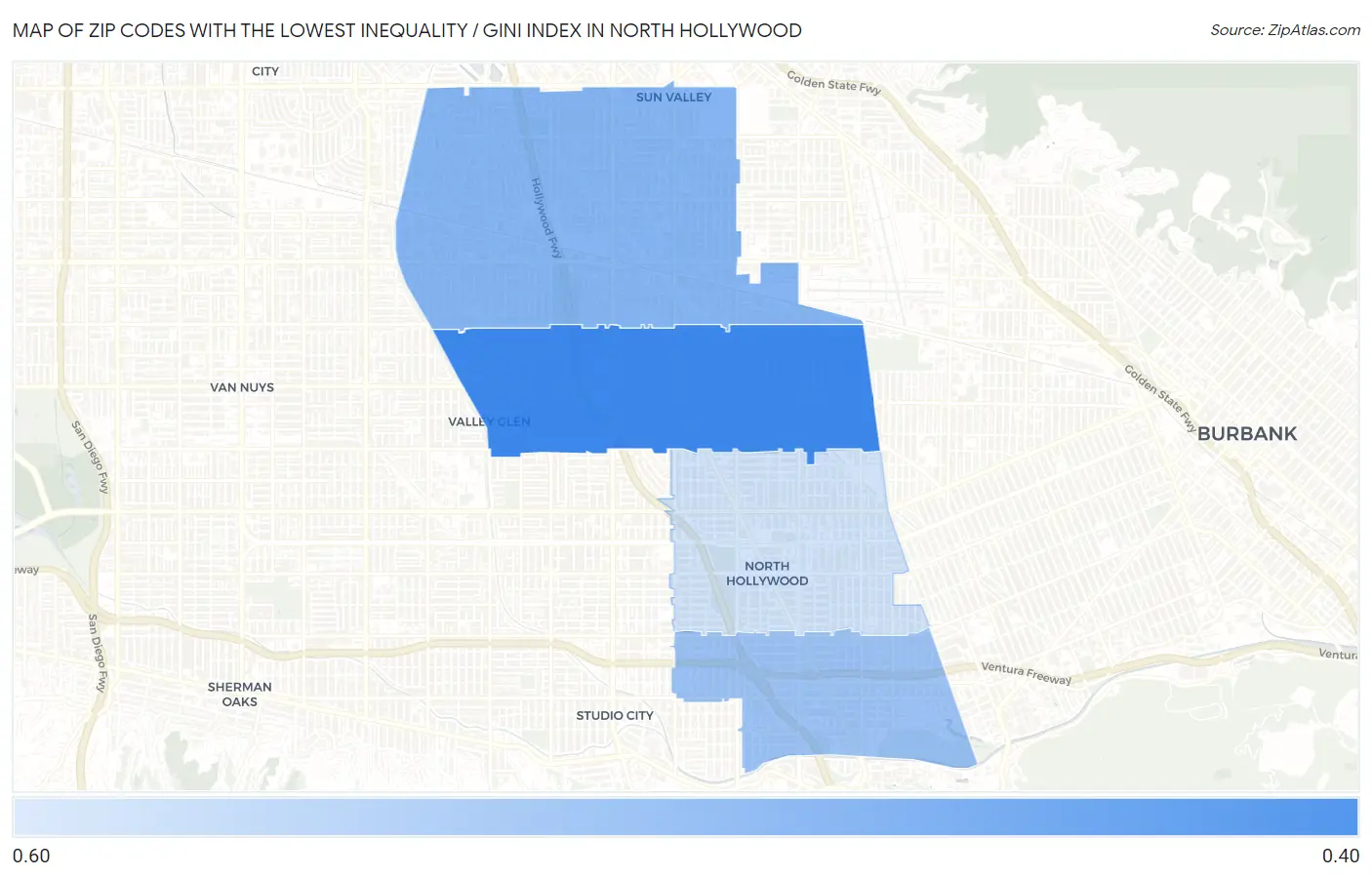 Zip Codes with the Lowest Inequality / Gini Index in North Hollywood Map