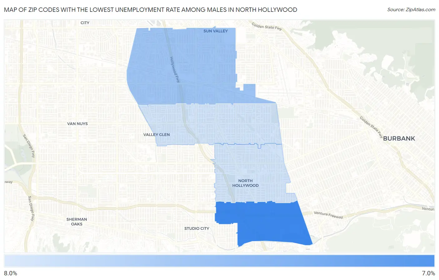 Zip Codes with the Lowest Unemployment Rate Among Males in North Hollywood Map