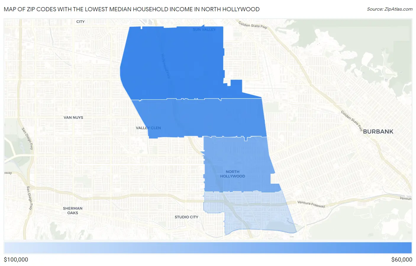 Zip Codes with the Lowest Median Household Income in North Hollywood Map