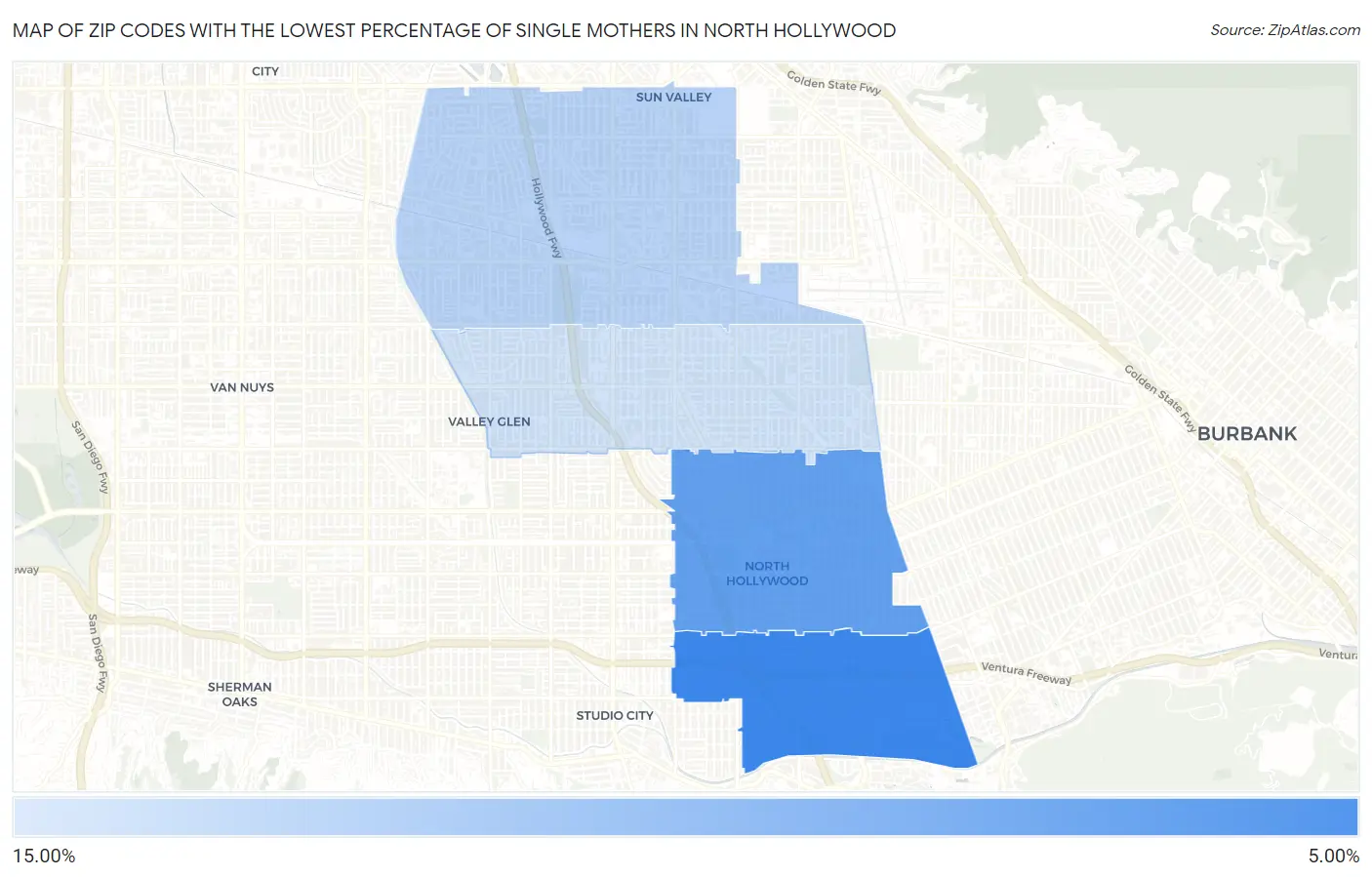 Zip Codes with the Lowest Percentage of Single Mothers in North Hollywood Map