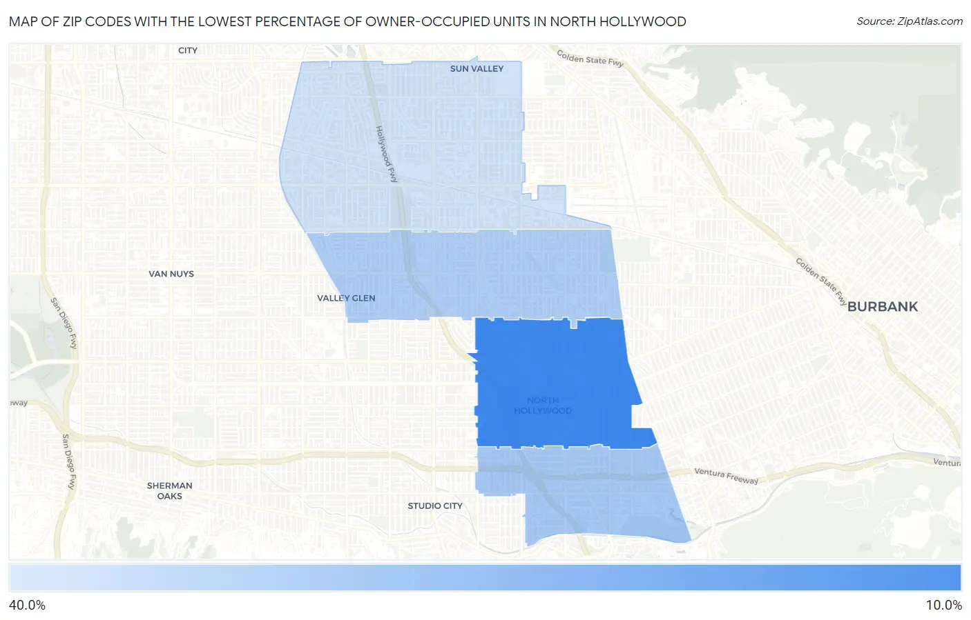 Zip Codes with the Lowest Percentage of Owner-Occupied Units in North Hollywood Map