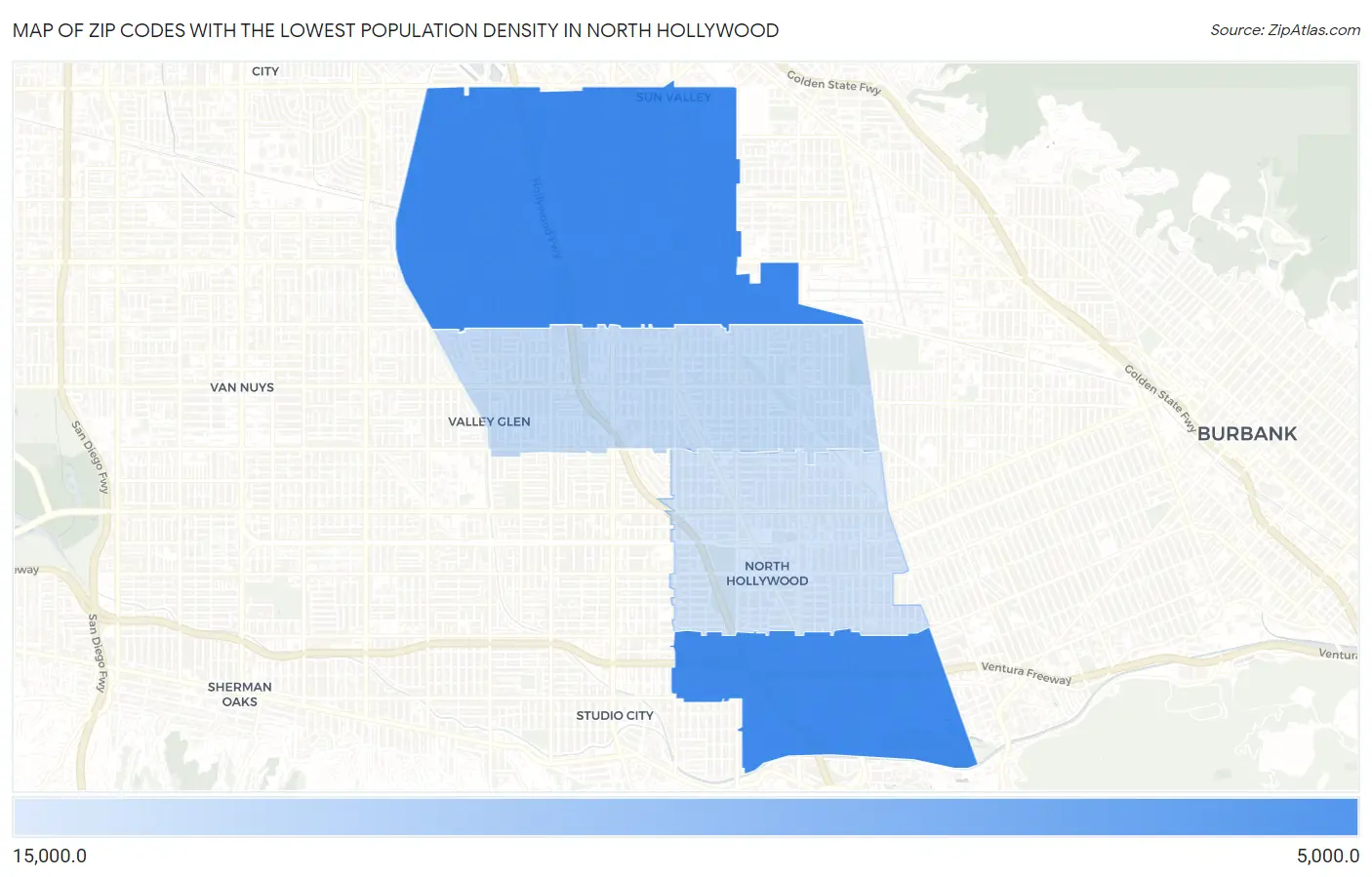 Zip Codes with the Lowest Population Density in North Hollywood Map