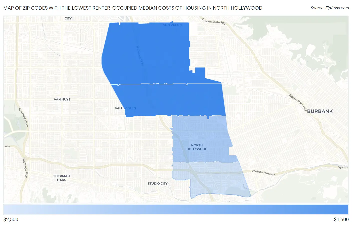 Zip Codes with the Lowest Renter-Occupied Median Costs of Housing in North Hollywood Map