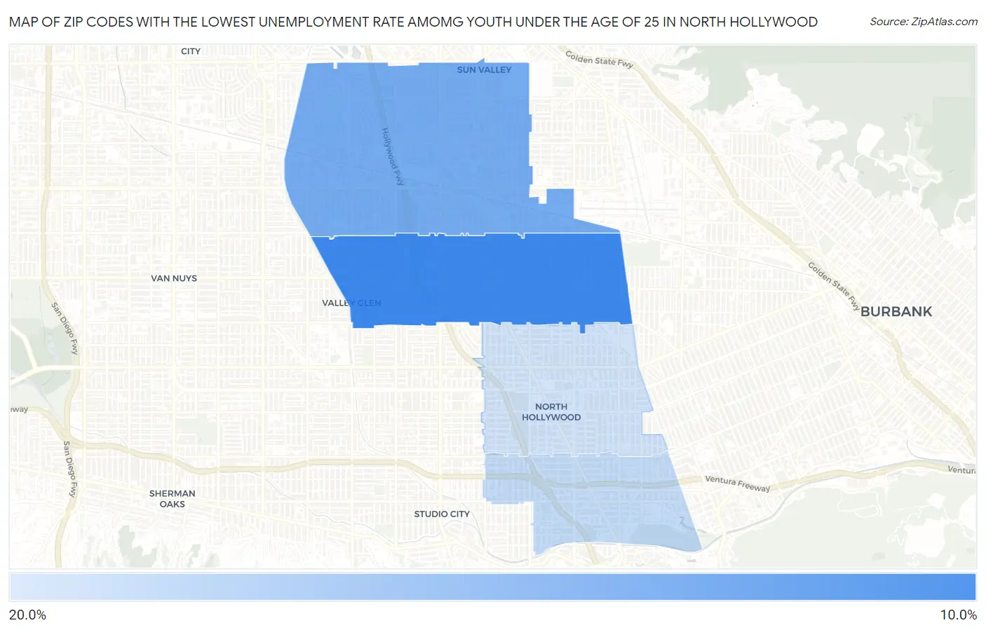 Zip Codes with the Lowest Unemployment Rate Amomg Youth Under the Age of 25 in North Hollywood Map