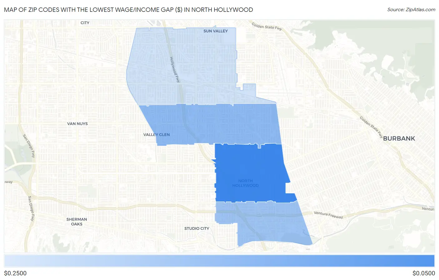 Zip Codes with the Lowest Wage/Income Gap ($) in North Hollywood Map