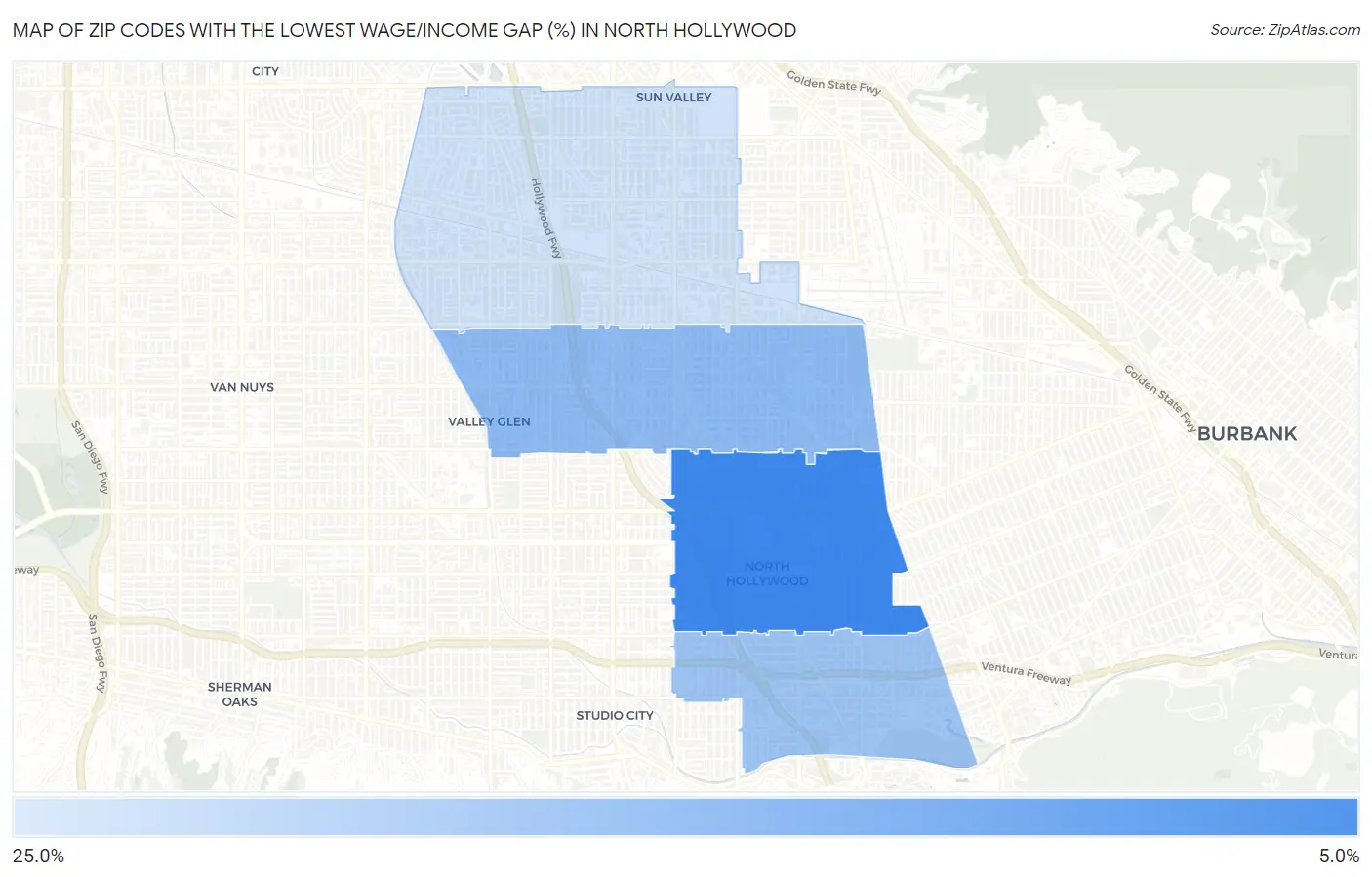 Zip Codes with the Lowest Wage/Income Gap (%) in North Hollywood Map