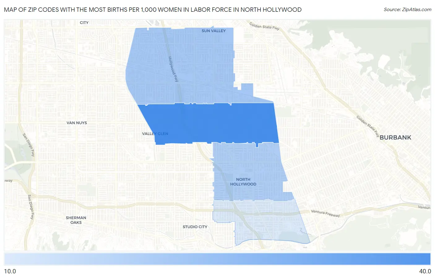 Zip Codes with the Most Births per 1,000 Women in Labor Force in North Hollywood Map